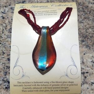 Artisan Collection Hand Blown Pendant on a Red Seed Bead Necklace - multicolor